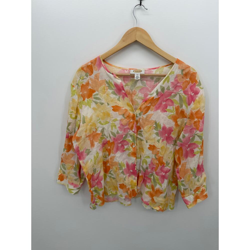 Talbots Womens Floral Linen Button Down Shirt 14 Pink Orange Spring Coastal CF24